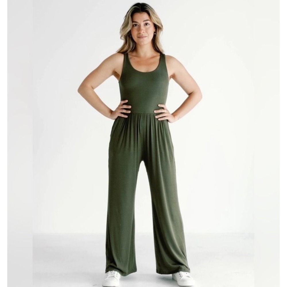 IMBODHI Women 2X Green Ribbed Wide Leg Stretch Knit Hana‎ 2.0 Jumpsuit MOSS